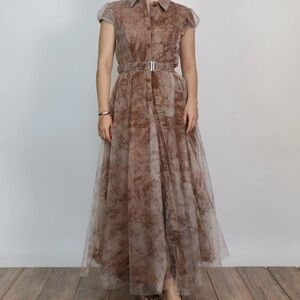 Burgundy Beige Maxi Tulle Dress With Belt